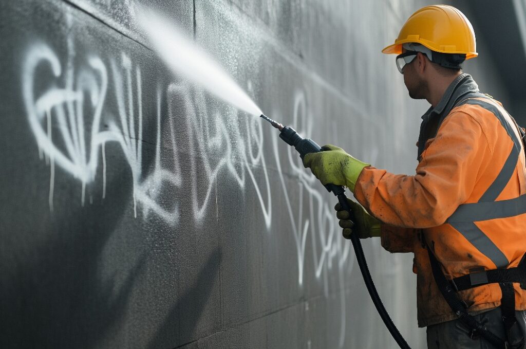 Ein Bauarbeiter entfernt Graffiti mit einem Hochdruckreiniger von einer verschmutzten Wand und stellt die glatte Fassade wieder her.
