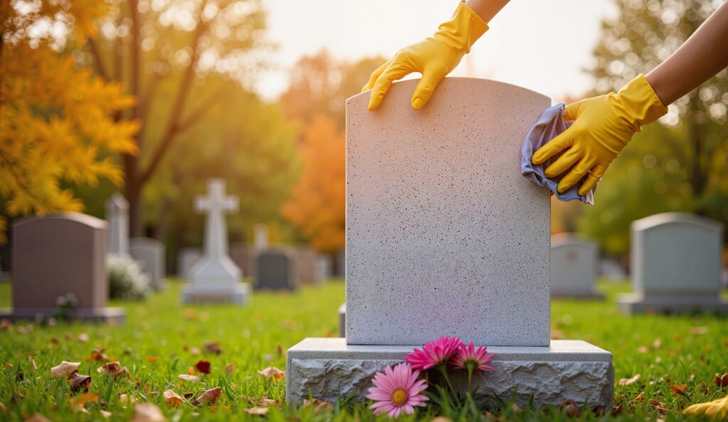 Pflegende Hand poliert Grabstein auf einem ruhigen Friedhof, Gedenken