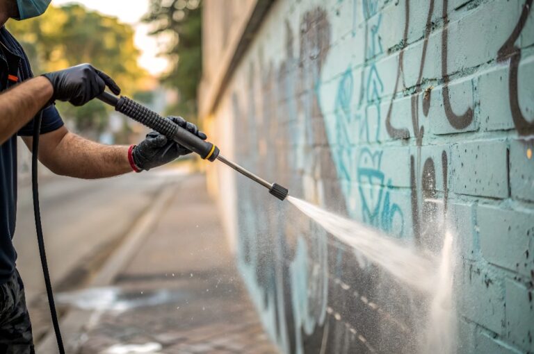 Nahaufnahme einer Reinigungskraft, die mit einem Hochdruckreiniger Graffiti von einer Wand entfernt.