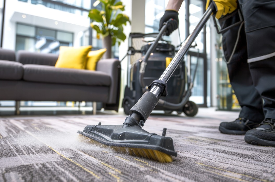 Industriestaubsauger, der von professionellen Reinigungskräften auf Büroteppichen eingesetzt wird