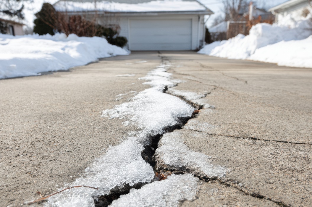 Risse in der Betonauffahrt eines Vorstadthauses